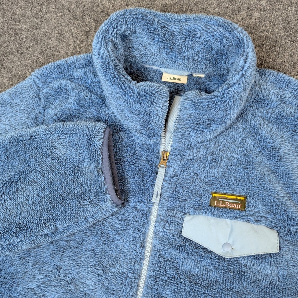 LL Bean Mens Full Zip High Pile Sherpa Fleece Winter Jacket Blue Logo Gorpcore